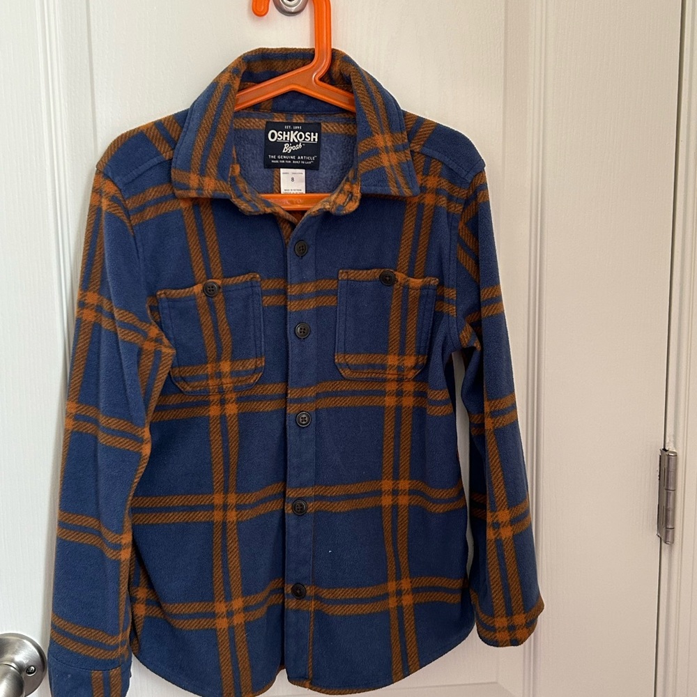 OshKosh B'gosh Boys Button Down Shirt Size 8 Blue Plaid Long Sleeve